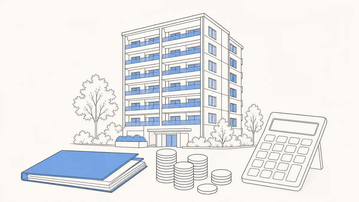 マンションと電卓・書類で住宅ローンの全体像を表したイラスト