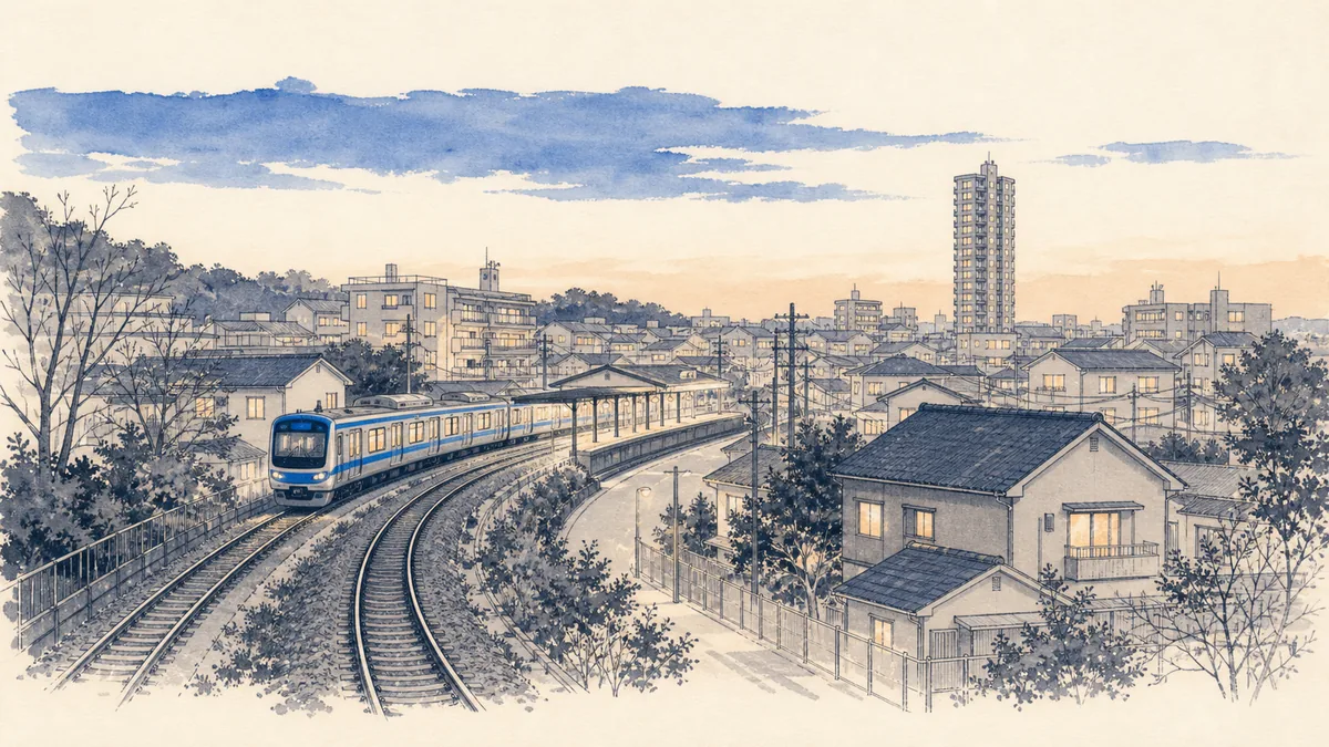 首都圏の駅前と街並み、遠くにタワーマンションが見える夕景のイラスト