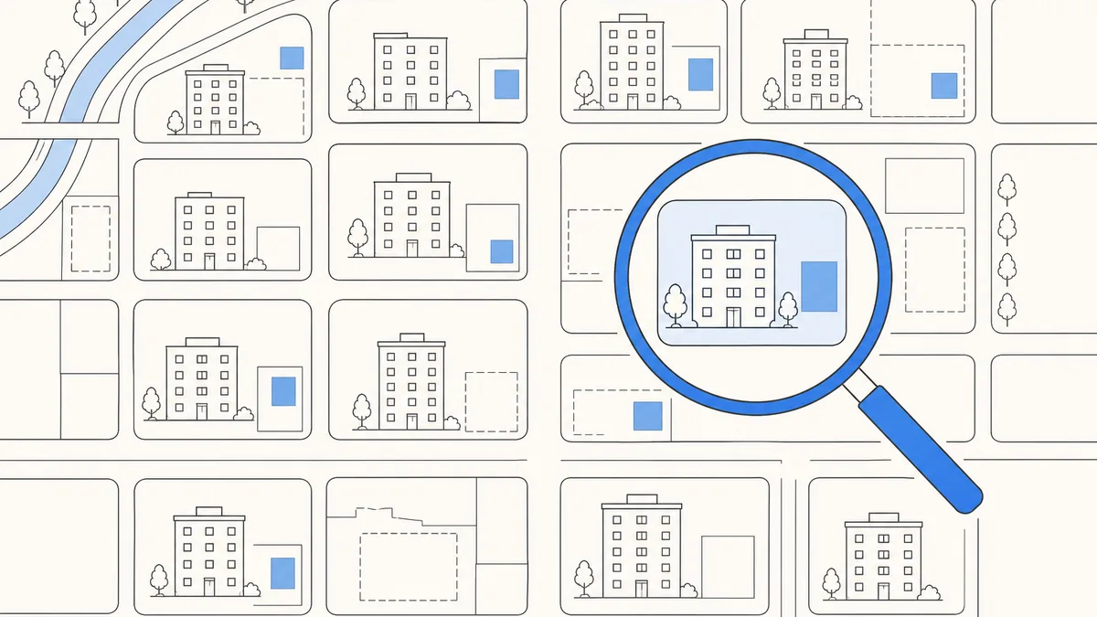 街の地図をルーペで見てエリアの相場を見比べるイラスト
