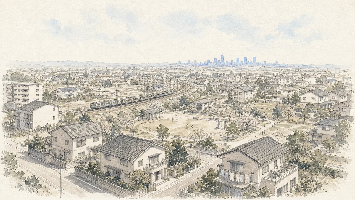 手前に庭木や公園のある郊外の住宅地が広がり、中景を鉄道が横切り、遠くの霞のなかに都心の高層ビル群が小さく見える俯瞰のイラスト